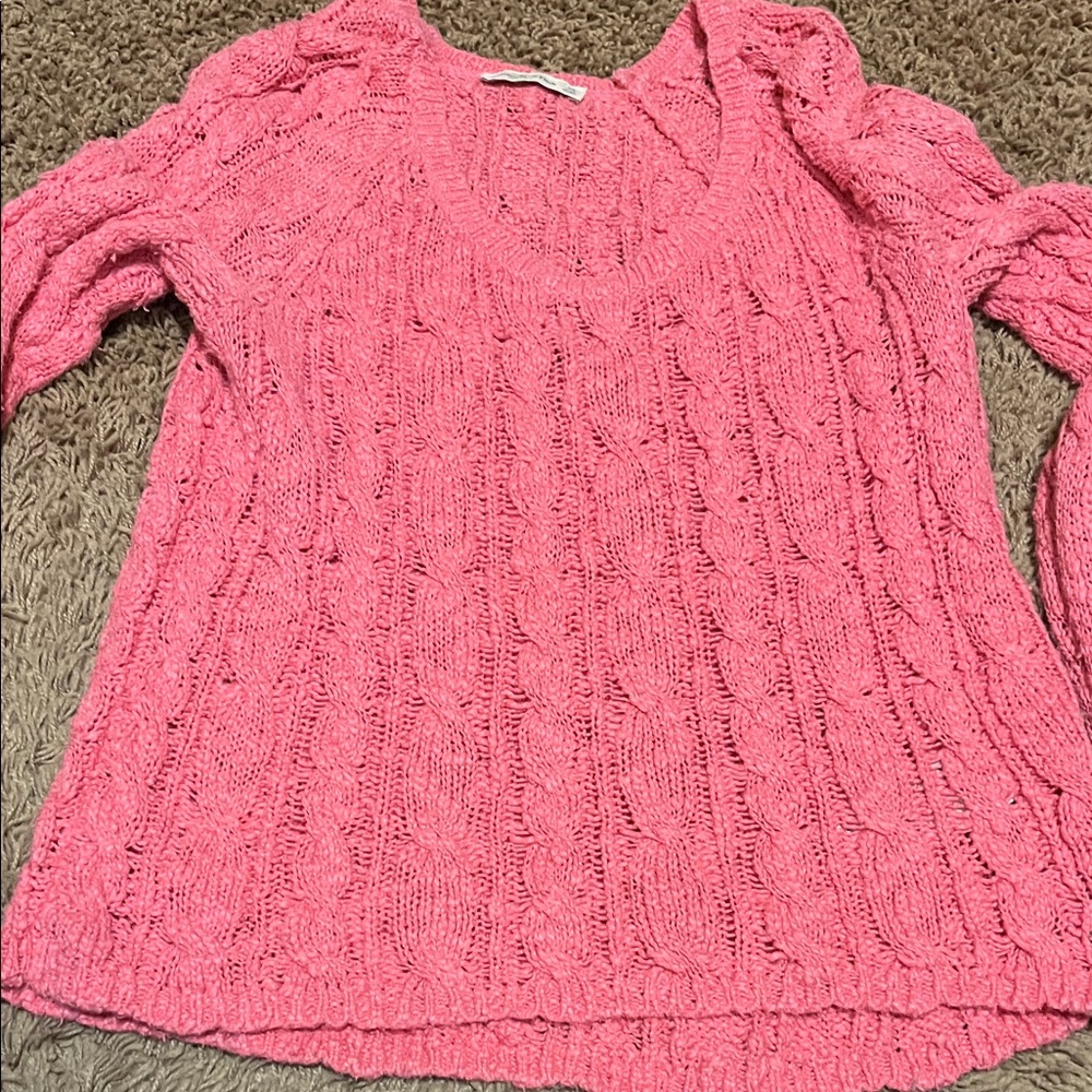 Abercrombie & Fitch Pink V-Neck Cable Knit Sweater
